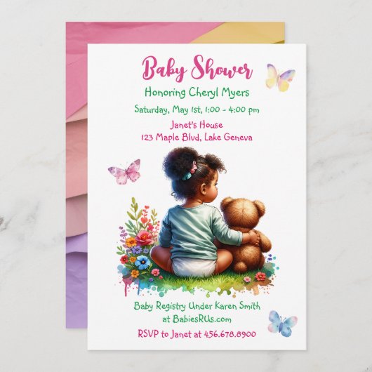 Baby Girl und ihr Teddy Bear | Mädchendusche Einladung (Vorne/Hinten)