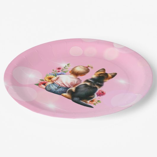 Baby Girl und ihr Welpe | Babyparty Pappteller (Schrägansicht)