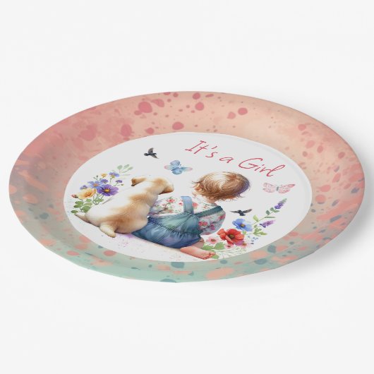 Baby Girl und ihr Welpe | Es ist eine Mädchenwasse Pappteller (Schrägansicht)