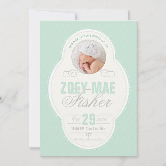 Baby Girl Vintag Frame Birth Announcement - Minze Ankündigung (Vorderseite)