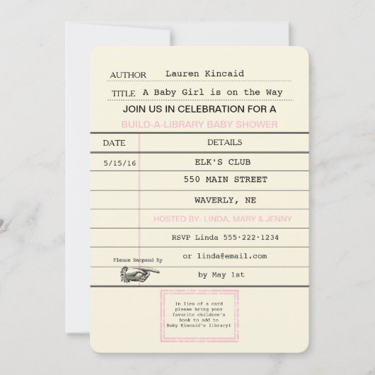 Baby Girl Vintag Library Card Buchdusche Einladung (Vorderseite)