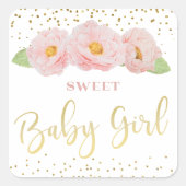 Baby Girl Watercolor Blume Rosa Golddusche Quadratischer Aufkleber (Vorderseite)