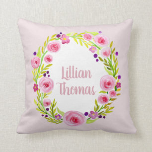Baby Girl Watercolor Blume Wreath & Name Kinderzim Kissen