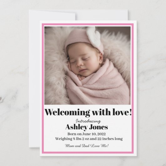 Baby Girl Willkommen mit Liebe Card Einladung (Vorderseite)