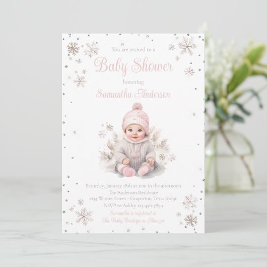 Baby Girl Winter Snowflake Babydusche Einladung (Stehend Vorderseite)