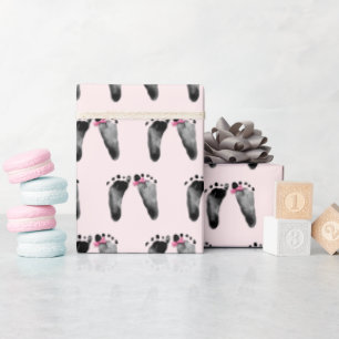 Baby Girl with Bow Footprints Wrapping Paper Geschenkpapier