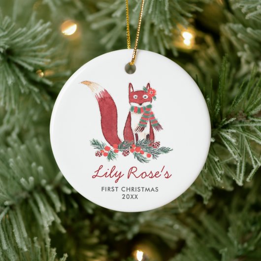 Baby Girl Woodland Fox Personalisiert 1. Weihnacht Keramik Ornament (Baum)