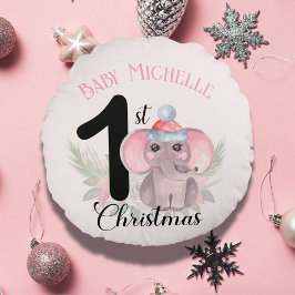Baby Girl's 1. Weihnachten Niedlich Pink Elephant Rundes Kissen