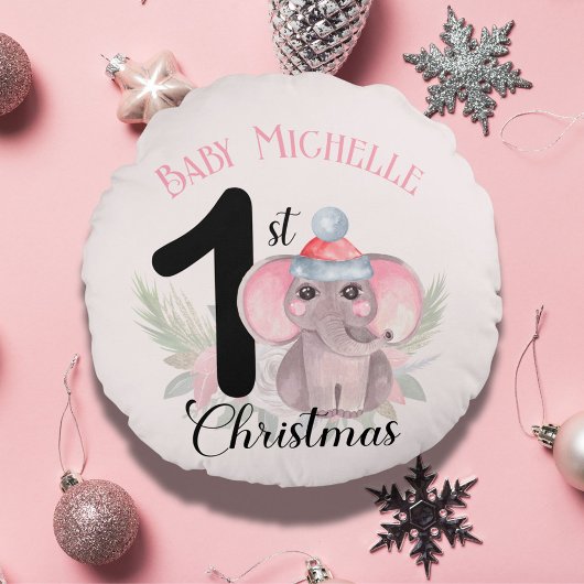 Baby Girl's 1. Weihnachten Niedlich Pink Elephant  Rundes Kissen