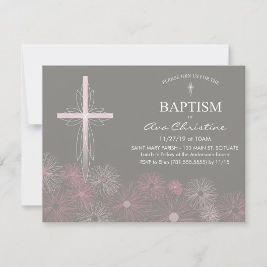 Baby Girl's Baptism Einladung mit Cross, Daisies (Vorderseite)