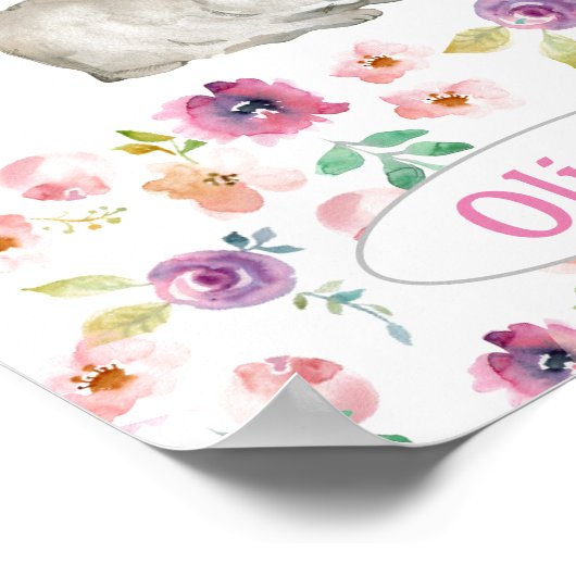 Baby Girl's Bunny w Name Kinderzimmer Floral Water Poster (Ecke)