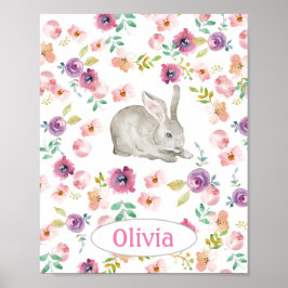 Baby Girl's Bunny w Name Kinderzimmer Floral Water Poster