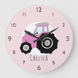 Baby Girl's Doodle Pink Farm Tractor Car Nursery Große Wanduhr