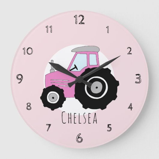 Baby Girl's Doodle Pink Farm Traktor Kinderzimmer Große Wanduhr (Vorderseite)
