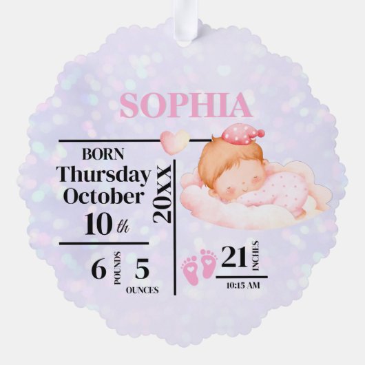 Baby Girl's First Christmas Birth Stats & Foto Ornament Karte (Rückseite)