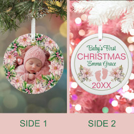 Baby Girl's First Christmas Foto Pink Poinsettias Keramik Ornament
