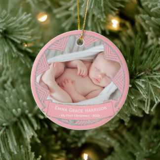 Baby Girl's First Christmas Foto | Rosa Keramikornament