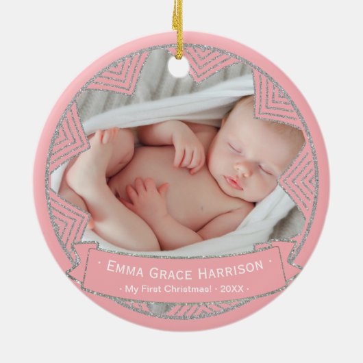 Baby Girl's First Christmas Foto | Rosa Keramikornament (Hinten)