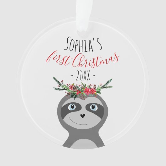 Baby Girls First Christmas Foto Sloth & Name Ornament (Vorderseite)