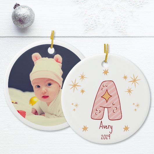 Baby Girl's First Christmas Monogram mit Foto Keramik Ornament