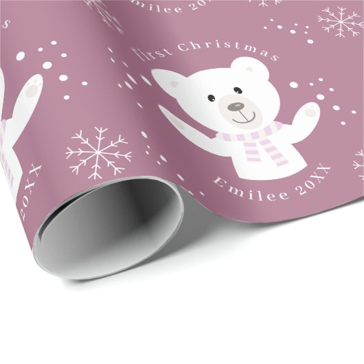Baby Girls First Christmas Polar Bear Pink Geschenkpapier (Rolleneckpunkt)
