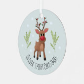 Baby Girls First Christmas Rudolph Reindeer & Snow Ornament Aus Metall (Vorderseite links)