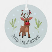 Baby Girls First Christmas Rudolph Reindeer & Snow Ornament Aus Metall (Vorderseite)