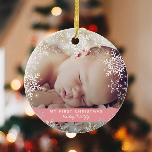 Baby Girl's First Christmas Snowflakes Pink Ornament Aus Glas