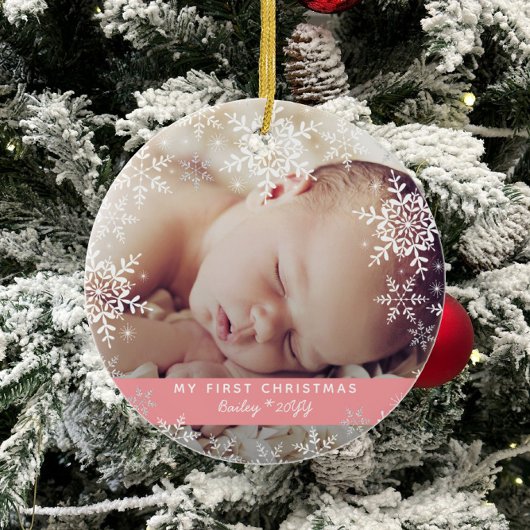 Baby Girl's First Christmas Snowflakes Pink Ornament Aus Glas