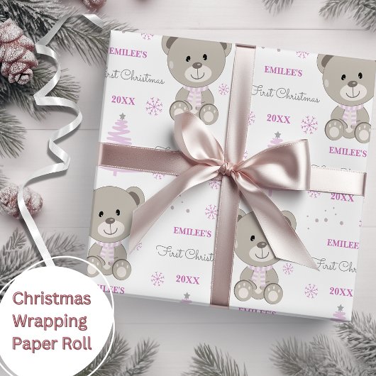 Baby Girls First Christmas Teddy Bear Pink Geschenkpapier