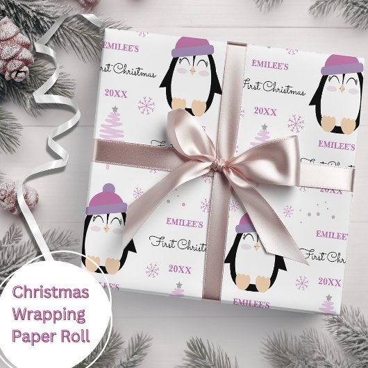 Baby Girls First Christmas Winter Pinguin Pink Geschenkpapier