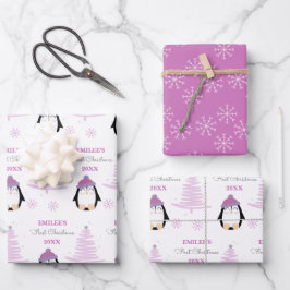 Baby Girls First Christmas Winter Pinguin Pink Geschenkpapier Set