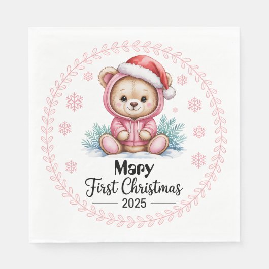 Baby Girl's First Xmas Napkins - bearbeitbarer Nam Serviette (Vorderseite)