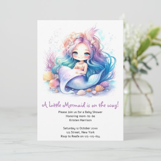 Baby Girl's Mermaid Baby Shower Beauty Einladung (Stehend Vorderseite)