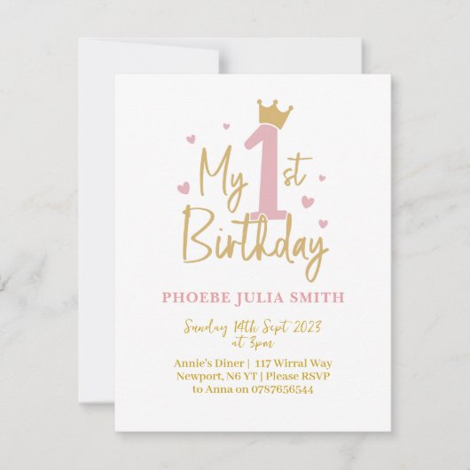 Baby Girls Pink 1. Geburtstag Einladung (Vorderseite)