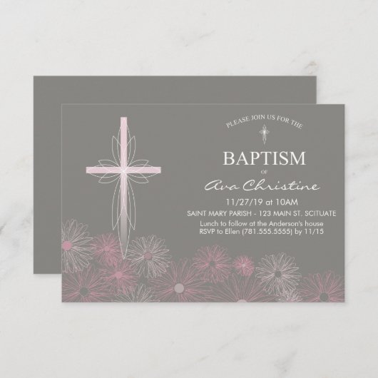 Baby Girl's Taufe Einladung mit Cross, Daisies (Vorne/Hinten)