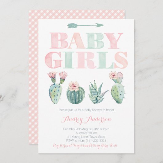 Baby Girls Twins Dusche oder Sprinkle Cactus theme Einladung (Vorne/Hinten)