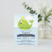 Baby Green Whale Kids Geburtstagsparty Einladungspostkarte (Stehend Vorderseite)