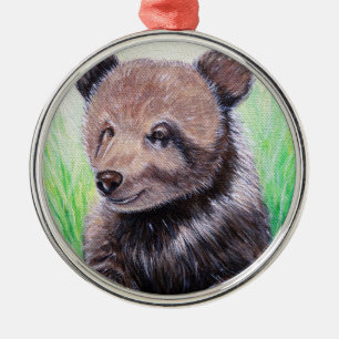 Baby Grizzly Bärenmalerei Silbernes Ornament