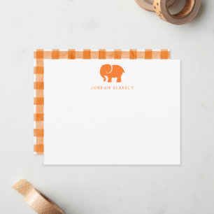 Baby Grußkarte, Orange Elefant Gingham Flachkarte Mitteilungskarte