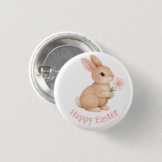 Baby Häschen mit rosa Blume Frohe Ostern Button (Vorne & Hinten)