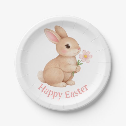 Baby Hase mit rosa Blume Frohe Ostern Pappteller (Vorderseite)