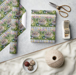 Baby-Hasen in einem Osterkorb auf Gras Geschenkpapier