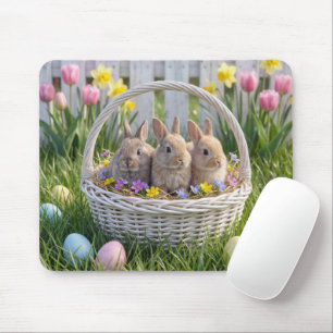 Baby-Hasen in einem Osterkorb auf Gras Mousepad