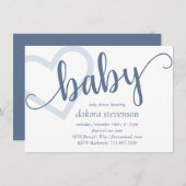 Baby Heart | Dusty Slate Blue Blühe Script Einladung (Vorne/Hinten)