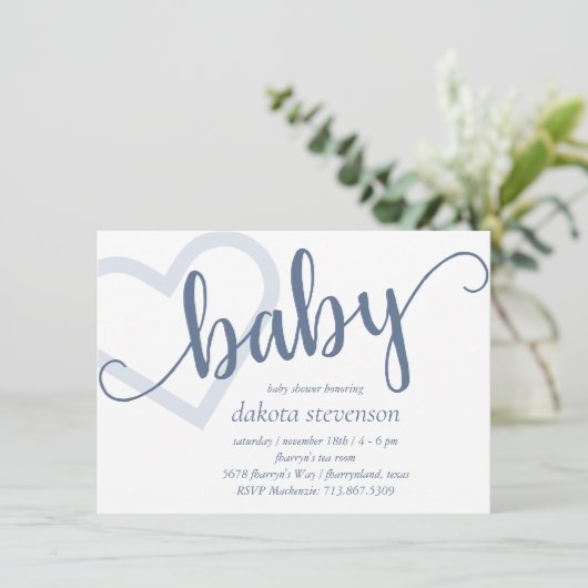 Baby Heart | Dusty Slate Blue Blühe Script Einladung (Stehend Vorderseite)