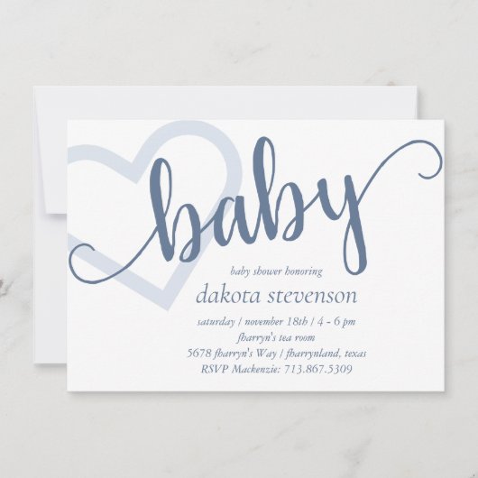 Baby Heart | Dusty Slate Blue Blühe Script Einladung (Vorderseite)