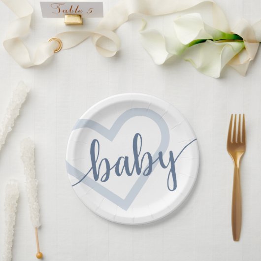Baby Heart | Dusty Slate Blue Blühe Script Pappteller (Hochzeit)