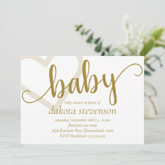 Baby Heart | Elegante Gold Script Dusche oder Reve Einladung (Stehend Vorderseite)