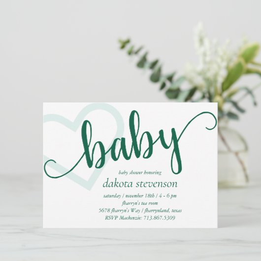 Baby Heart | Hunter Green Simple Blüh Script Einladung (Stehend Vorderseite)